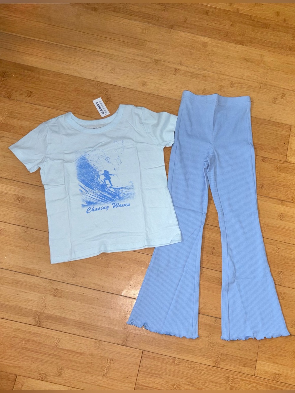 NWT Girl’s Size S 6-7 Outfit - Surf Tee Top & Blue Flare Leggings Pants Set
